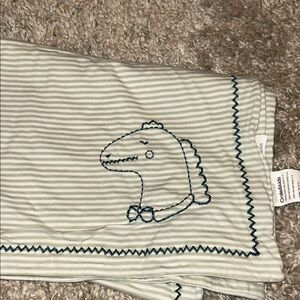 Crate&Kids Green and White Striped Baby Blanket with Navy Embroidery